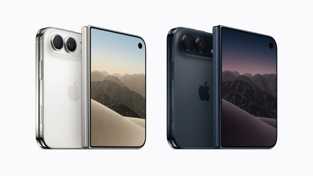 iPhone Duo in Sternenweiß und Nachthimmel, jeweils von hinten und aufgeklappt von vorne