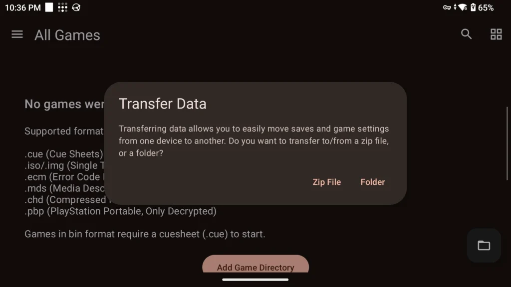 DuckStation Dialog Transfer Data mit Zip File oder Folder