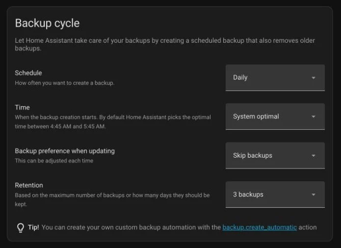 Home Assistant Backup-Einstellungen mit Zeitplan täglich und 3 aufbewahrten Backups