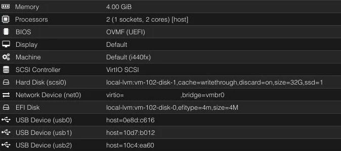 Hardware-Ansicht der Home-Assistant-VM in Proxmox mit OVMF (UEFI), EFI-Disk und scsi0