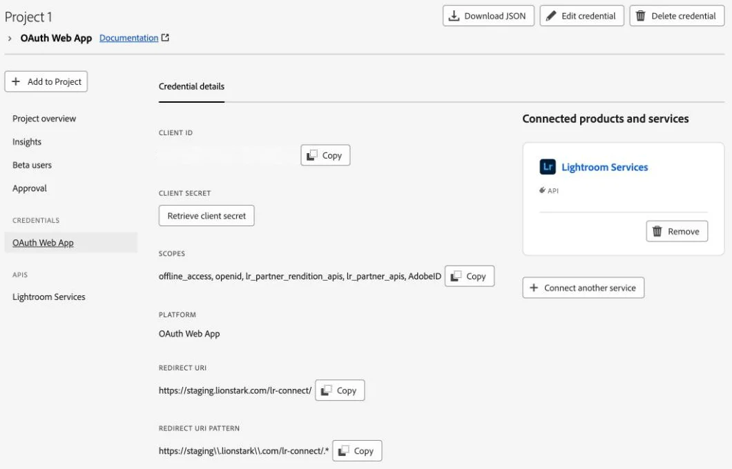 Adobe Developer Console: OAuth-Web-App-Credential mit Lightroom Services, Scopes, Redirect URI und Redirect URI Pattern mit doppelten Backslashes