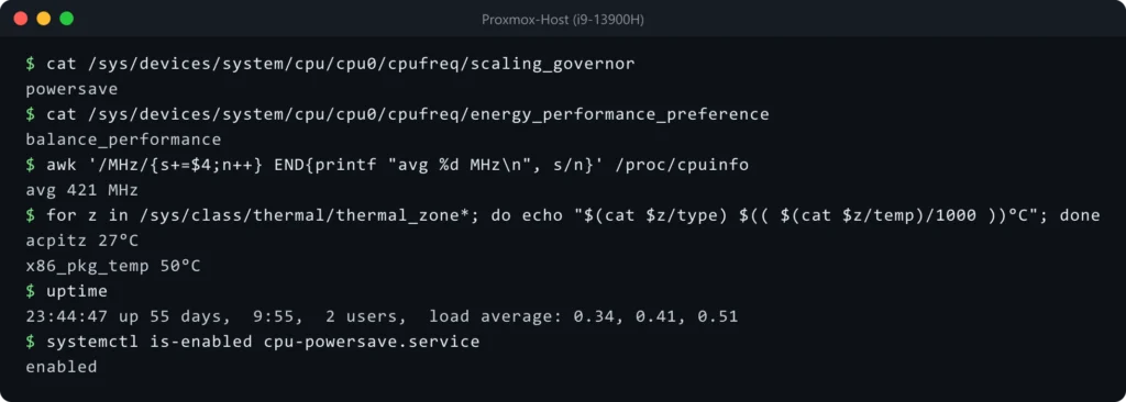 Terminal nach der Umstellung: Governor powersave, EPP balance_performance, 421 MHz und 50 Grad