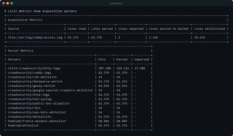 Ausgabe von cscli metrics: Acquisition aus dem Caddy-Access-Log und die aktiven Parser