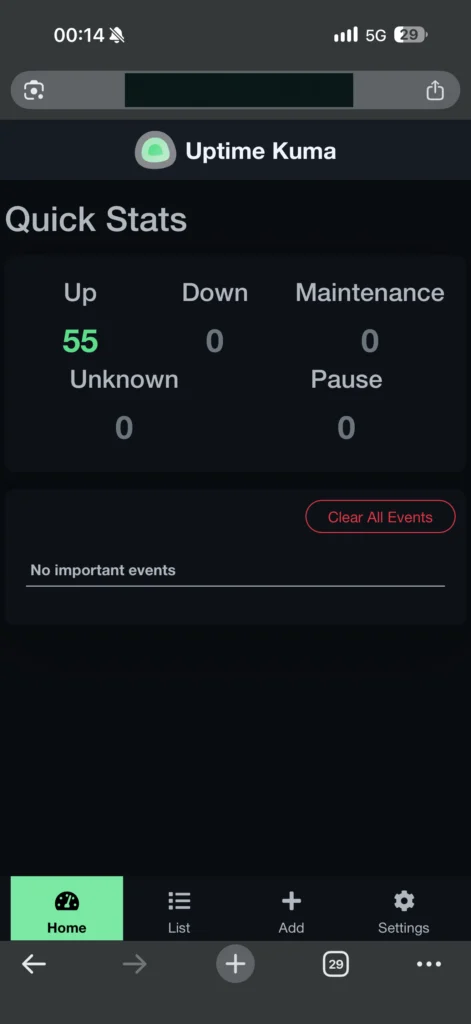 Uptime Kuma auf dem Phone: Monitor-Gruppen Berlin, Frankreich, MCP Connectors, Öffentlich und Web, dazu Quick Stats mit 55 Monitoren up
