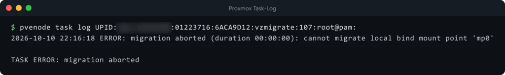 Proxmox Task-Log: cannot migrate local bind mount point mp0