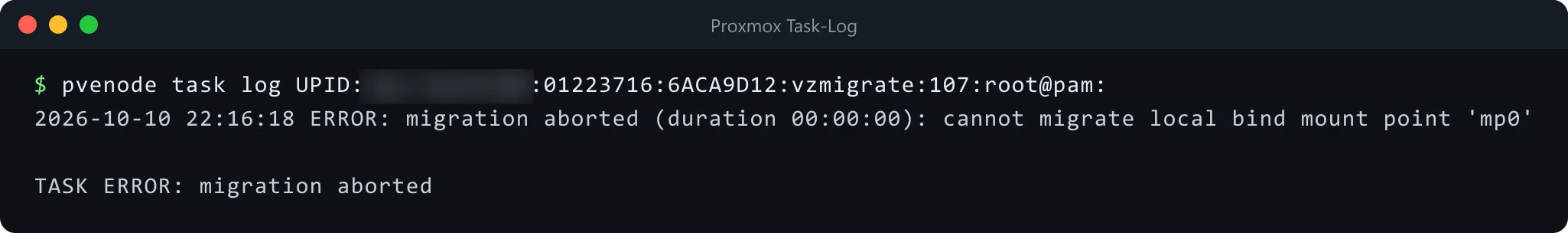Proxmox Task-Log: cannot migrate local bind mount point mp0