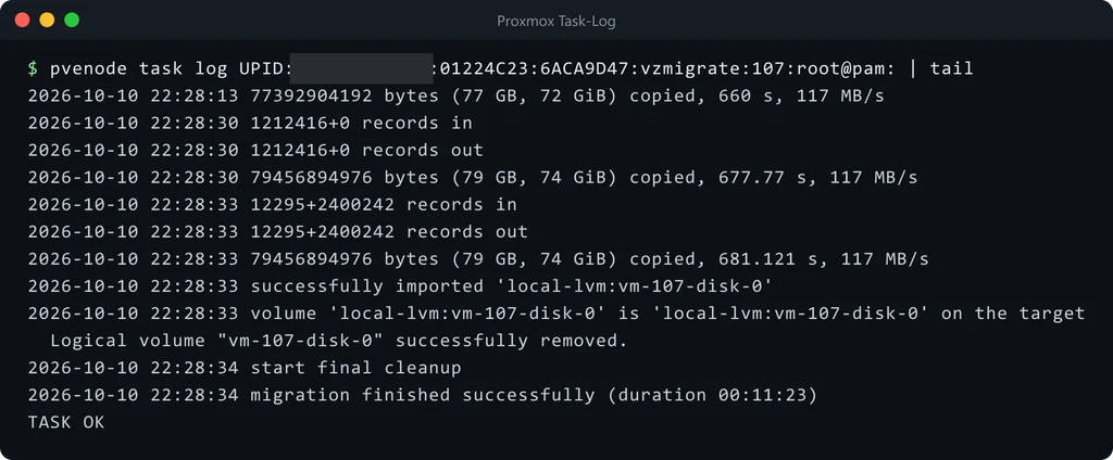 Proxmox task log of the successful offline migration at 117 MB/s