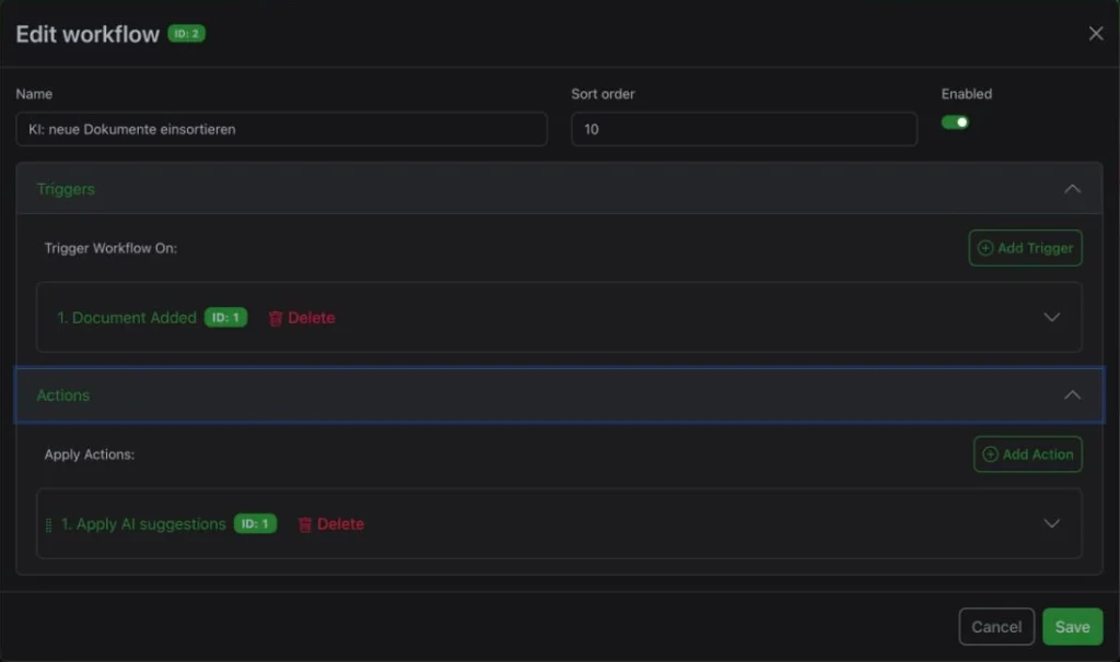 Paperless-ngx Workflow „KI: neue Dokumente einsortieren“ mit Trigger Document Added und Aktion Apply AI suggestions