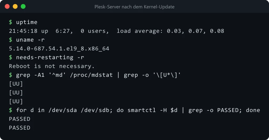 Server nach dem Kernel-Update: neuer Kernel, RAID UU, SMART PASSED und HTTP-Status aller Websites