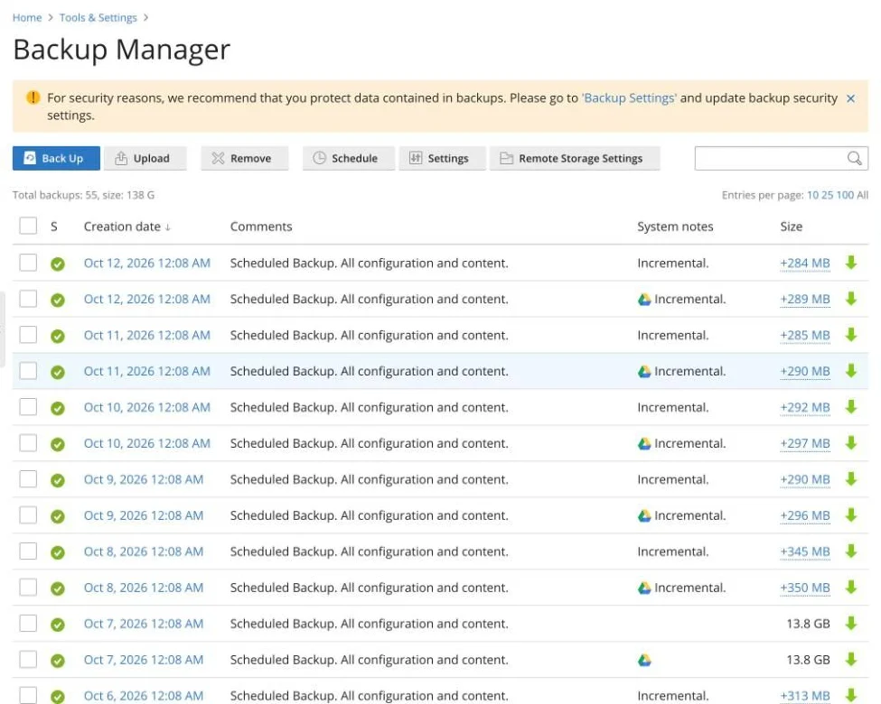 Plesk Backup Manager mit täglichen inkrementellen Backups, ein Teil davon auf Google Drive