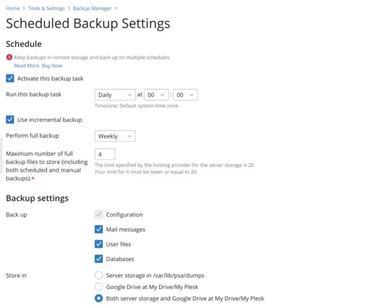 Plesk Scheduled Backup Settings: täglich um 00:00, inkrementell, wöchentliches Vollbackup, Speicherort Server und Google Drive