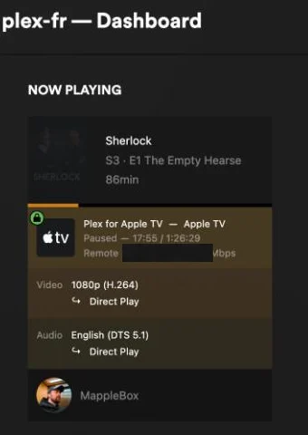 Plex-Dashboard: Apple TV spielt Sherlock mit 1080p H.264 und DTS 5.1 per Direct Play