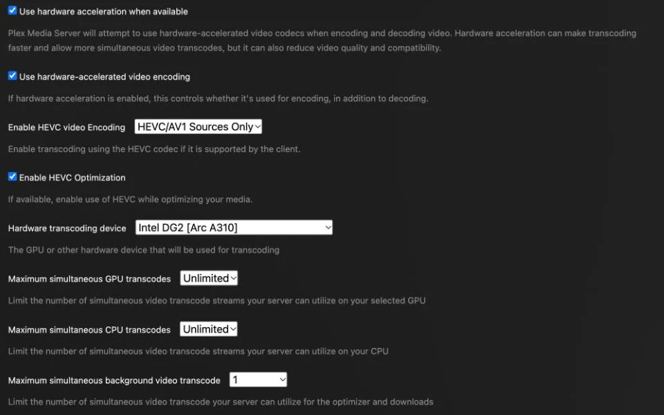 Plex Transcoder-Einstellungen mit Intel Arc A310 als Hardware transcoding device