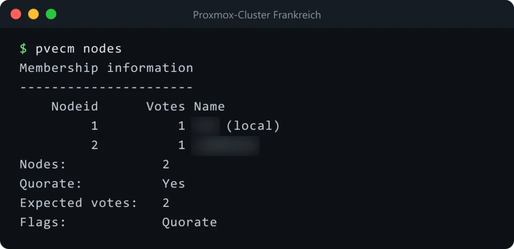 pvecm nodes: Proxmox-Cluster mit zwei Nodes, quorate