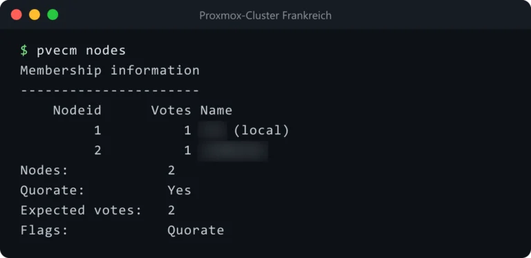 pvecm nodes: Proxmox-Cluster mit zwei Nodes, quorate