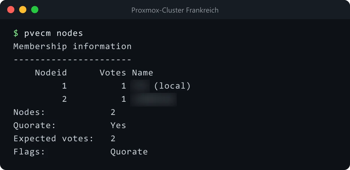 pvecm nodes: Proxmox-Cluster mit zwei Nodes, quorate