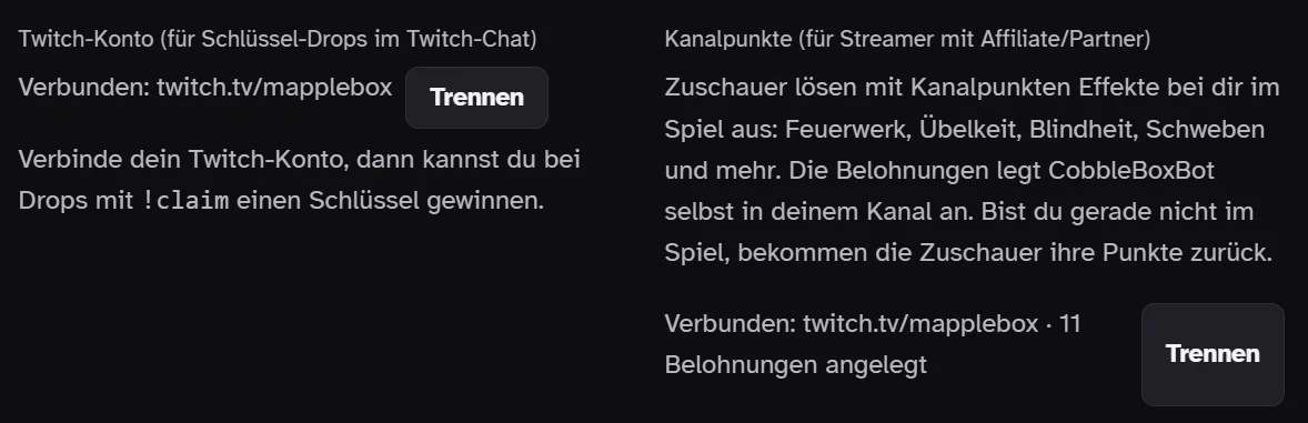 CobbleBox-Einstellungen: Twitch-Konto für Key-Drops und Kanalpunkte verbunden, 11 Belohnungen angelegt