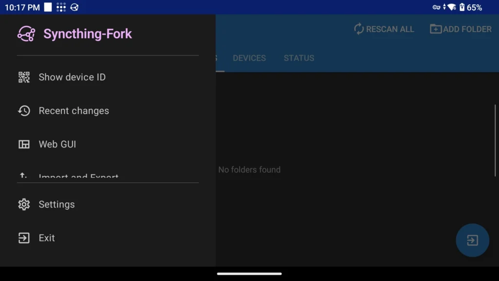 Syncthing-Fork Menü mit Geräte-ID anzeigen und Web GUI