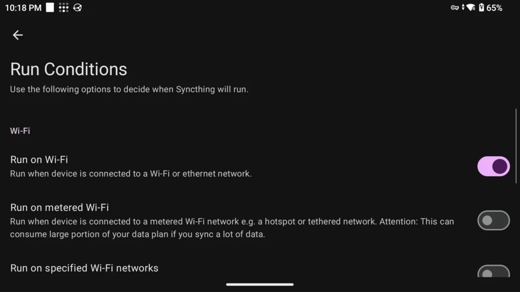 Syncthing-Fork Einstellungen: Laufbedingungen, läuft nur im WLAN