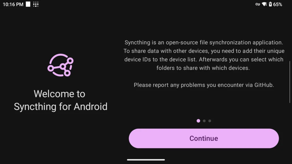 Syncthing-Fork auf dem Handheld: Willkommensseite beim ersten Start