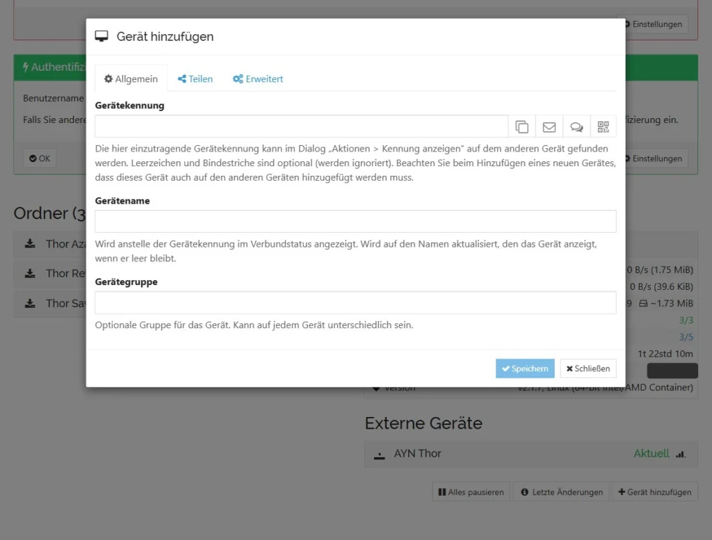 Syncthing Web-UI: Dialog Gerät hinzufügen mit Feld für die Gerätekennung