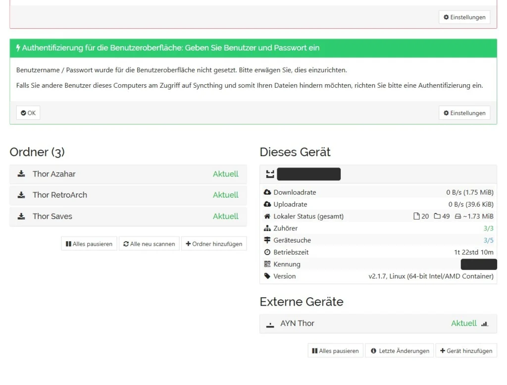 Syncthing Web-UI: drei Ordner vom Handheld, alle Aktuell, Handheld als externes Gerät verbunden