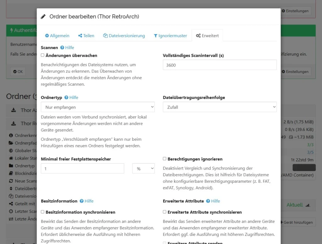 Syncthing Ordner bearbeiten, Tab Erweitert: Ordnertyp Nur empfangen