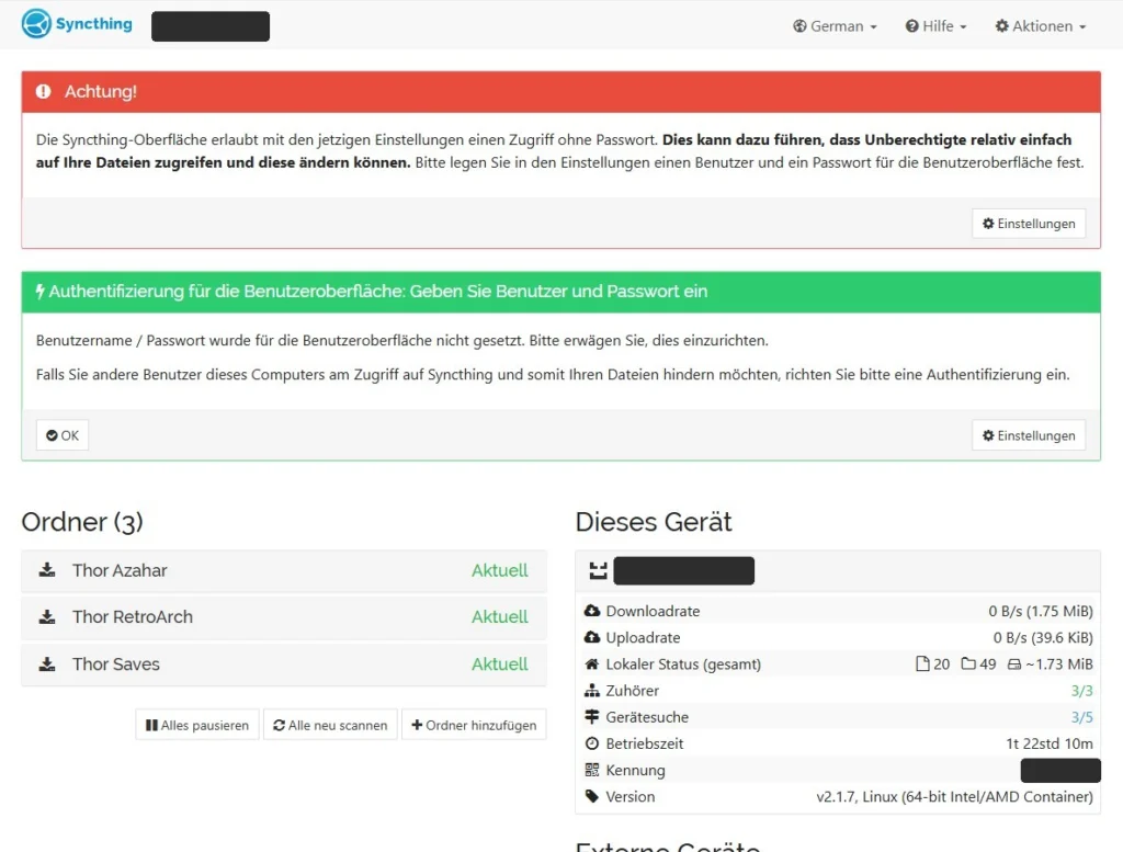 Syncthing Web-UI auf dem Server: Startseite mit der Warnung, dass noch kein Passwort gesetzt ist