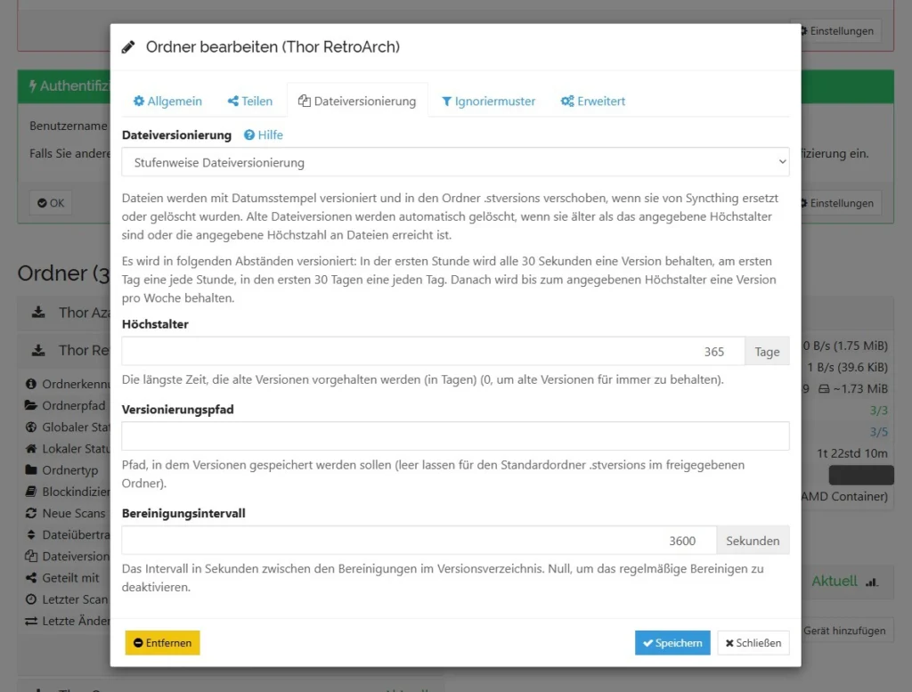 Syncthing Ordner bearbeiten, Tab Dateiversionierung: Stufenweise, Höchstalter 365 Tage