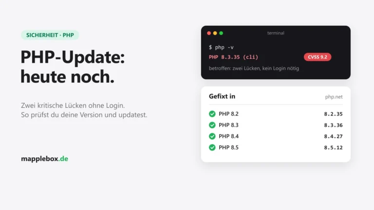 Terminal mit php -v und Liste der gefixten PHP-Versionen