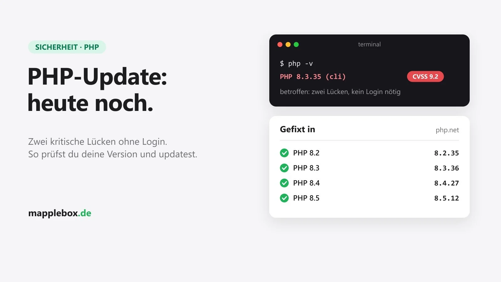Terminal mit php -v und Liste der gefixten PHP-Versionen