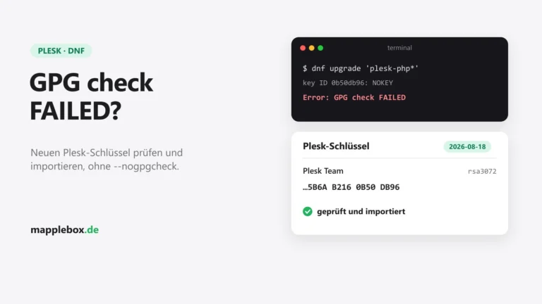 Terminal mit Error: GPG check FAILED und der geprüfte Plesk-Schlüssel 5B6AB2160B50DB96